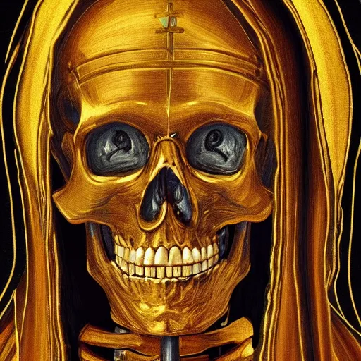 Prompt: a close up portrait of a skeleton dressed like a saint with a gold realistic aura in an old medieval church, 2d, ultra highly detailed, digital painting, smooth, sharp focus, artstation, pixiv, art by Ilya Kuvshinov