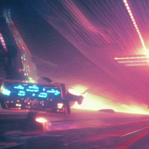 Prompt: Still of cockpit view of Captain Falcon piloting his racing machine in the movie Blade Runner, cinematic lighting, 4k