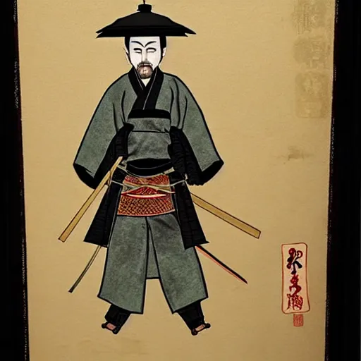 Image similar to jesse pinkman from breaking bad wearing samurai armor and holding a katana in feudal japan, ink block painting, edo period