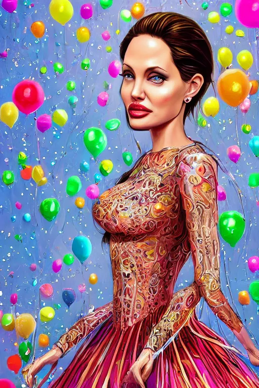 Image similar to young angelina jolie as an balloon woman dressed in intricate balloon clothing surrounded by tiny balloons, fantasy, wlop, trending on artstation, deviantart, anime key visual, official media, professional art, 8 k uhd