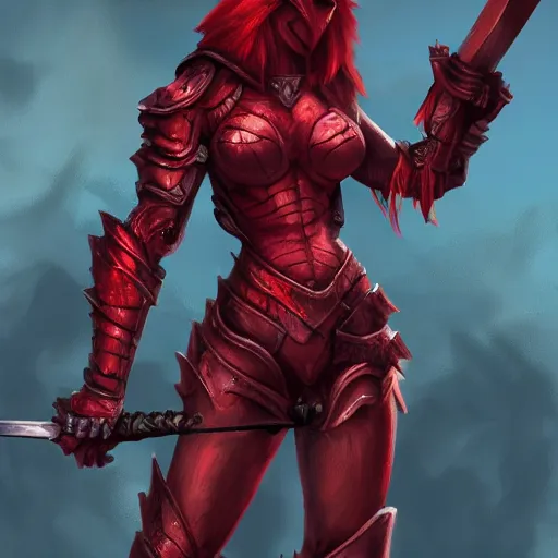 Prompt: A female red dragonborn with a halberd heroically posing, fantasy, medieval, cinematic, paladin, serious expression, 8k, trending on artstation, In the style of Clint Cearley
