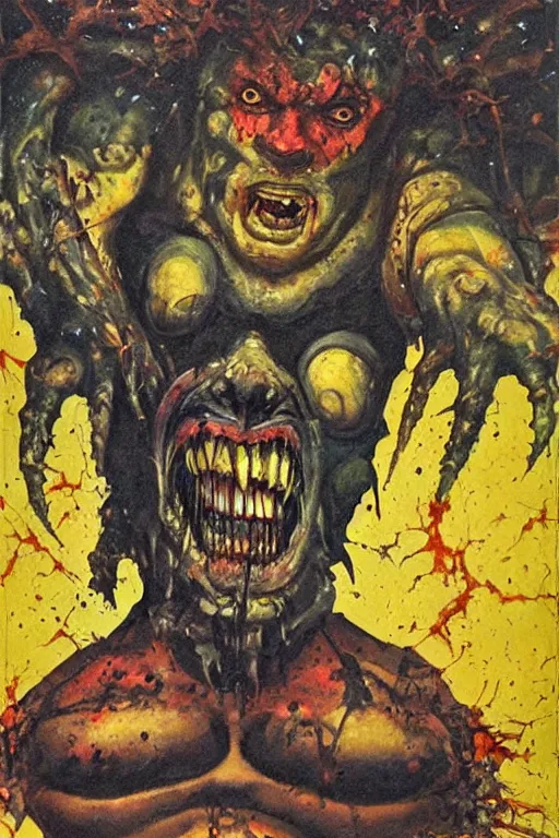 Image similar to surreal a hulking herculeanjohn candy as nurgle the unclean in a post apocalyptic hellscape, esoteric symbolism, intense emotional power, red yellow black, palette knife oil painting by peter booth and william blake