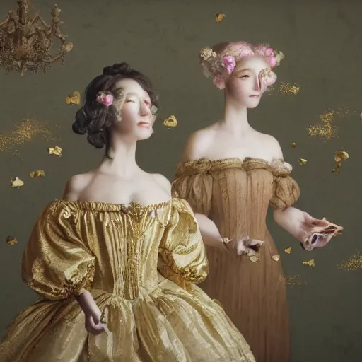 Image similar to 8k, octane render, realism, tonalism, renaissance, rococo, baroque, group of creepy young ladies wearing long flowers and skull dress, harajuku manga, background chaotic gold leaf flowers