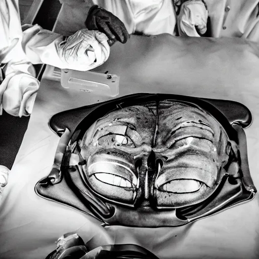 Image similar to photo of an alien autopsy, black and white, wide angle