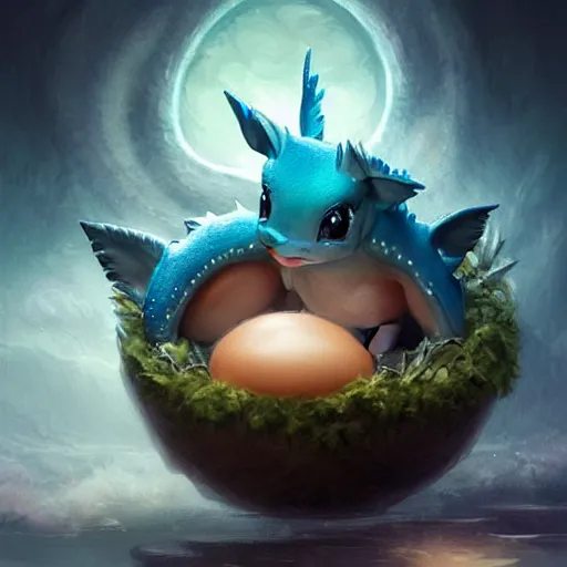 Prompt: a baby vaporeon hatching out of an egg, fantasy digital painting, stunning intricate details, artwork by ross tran and greg rutkowski