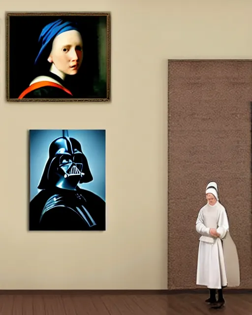 Image similar to darth vader looking over his shoulder, portrait in the style of girl with a pearl earring by johannes vermeer, high quality oil painting, highly detailed