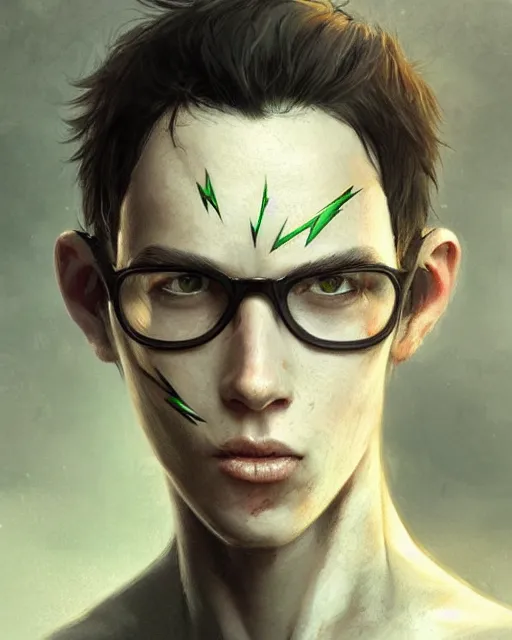 Prompt: boy thin face, black hair, and green eyes. wearing round glasses, lightning bolt scar on forehead, hyper realistic face, beautiful eyes, fantasy art, in the style of greg rutkowski, intricate, hyper detailed, smooth