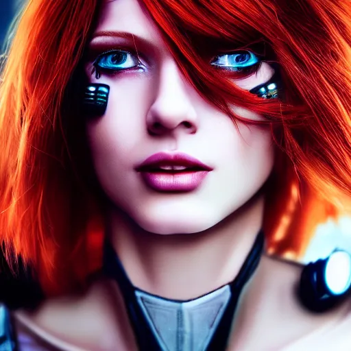 Prompt: beautiful redhead woman, cyberpunk, closeup