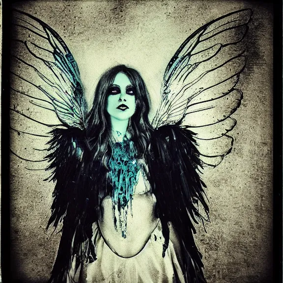 Image similar to crystal wings, waporwave polaroid, a greg rutkowsi photograph, devianart, metal acid deep colors, fallen angel of death, love broken