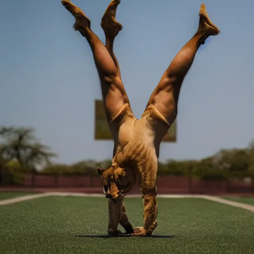 Image similar to an athletic anthropomorphic lioness doing a handstand