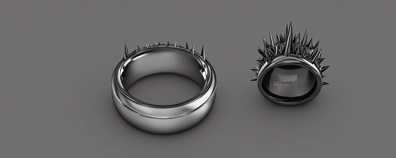 Image similar to tungsten ring with spikes, ring, steel, crystals, smooth shank, engravings, product design, jewelry, art by gerald brom, greg rutkowski and artgerm and james jean and zdzisław beksinski, 8 k, unreal engine, c 4 d