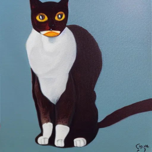 Image similar to oil painting of a bipedal cat in suit,