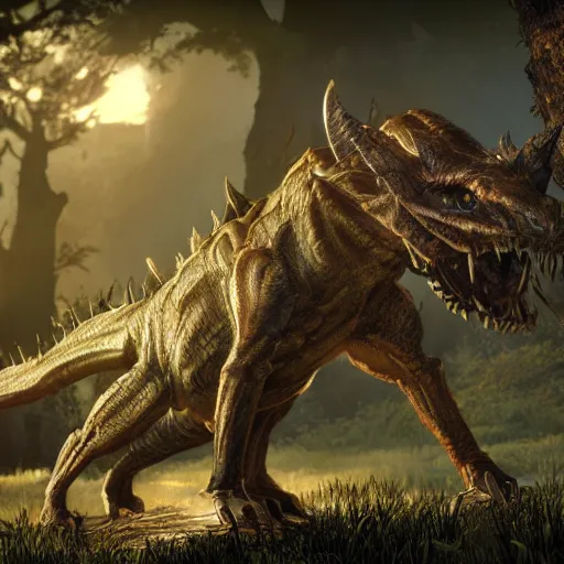 Image similar to dangerous creature, highly detailed, golden lighting, fantasy mmorpg, deviant art, lotr, eso, unreal engine 5,