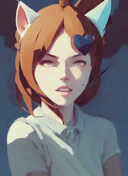 Image similar to portrait of cute catgirl with cat ears, by atey ghailan, by greg rutkowski, by greg tocchini, by james gilleard, by joe gb fenton, by in kaethe butcher, dynamic lighting, gradient light blue, brown, blonde cream and white color in scheme, grunge aesthetic