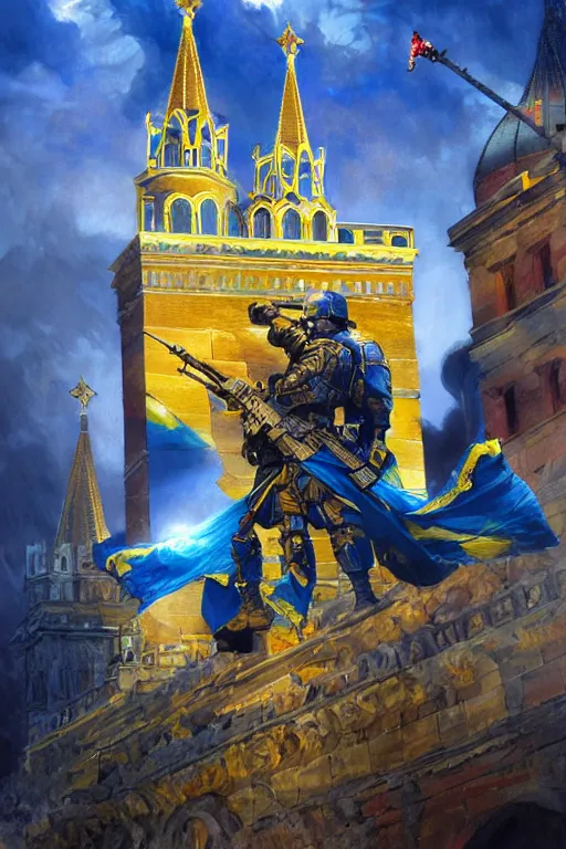 Image similar to special forces soldier installin ukrainian blue and yellow flag on red square kremlin, masculine figure, d & d, fantasy, bright atmosphere, volumetric lights, intricate, elegant, extremely detailed, digital painting, artstation, concept art, matte, smooth, sharp focus, hyper realistic, illustration, art by artgerm and greg rutkowski and alphonse mucha