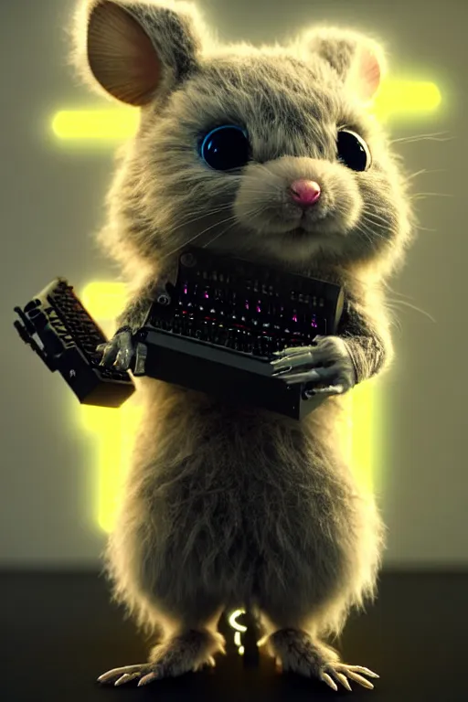 Image similar to high quality 3 d render very cute fluffy cyborg!! rat plays synthesizer, cyberpunk highly detailed, unreal engine cinematic smooth, in the style of blade runner & detective pikachu, hannah yata charlie immer, moody light, low angle, uhd 8 k, sharp focus