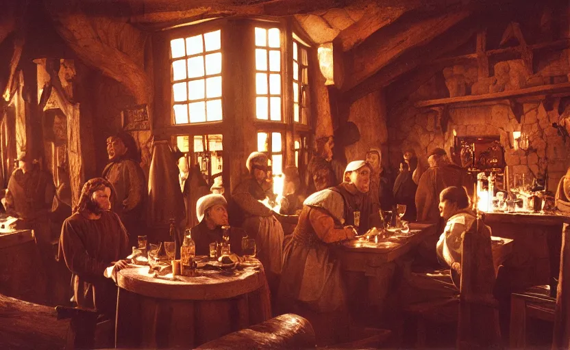 Prompt: A medieval Tavern with warmly lit windows by stanley kubrick, shot by 35mm film color photography