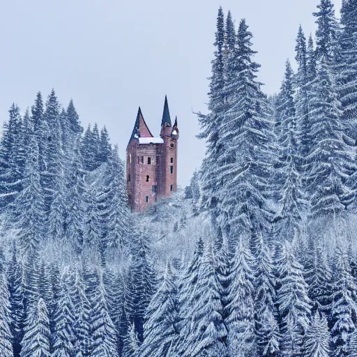 Prompt: Wizard's Tower in the Winter Surrounded by Snow and Trees