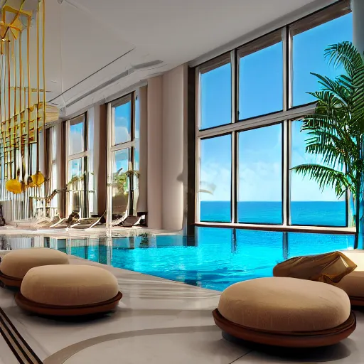 Prompt: realistic luxury hotel lobby interior in miami with pools in the background, corona render, detailed, symmetrical, minimal, clean, vegetation, herzog and de meuron