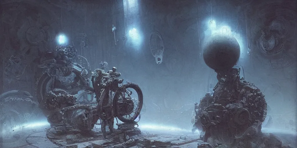 Image similar to soviet cosmonavt on old broke bike in the dirty cave, moscow metro, space travel, art by beksinski and stephan martiniere, fatal, singularity, cold, claustrophobia, steamcore, closely, japan poster, fear