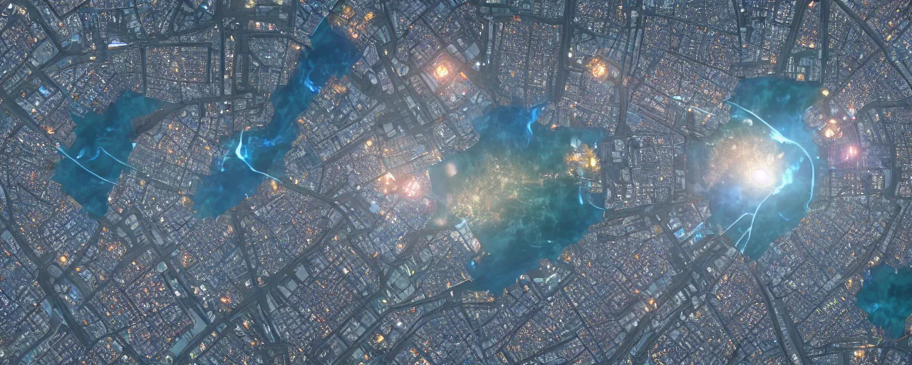 Image similar to a satellite image of city lights, cell automata, unreal engine, octane render, detailed and intricate, cloudy, global illumination, volumetric lighting, hubble telescope images, james webb telescope images, detailed and intricate environment, color graded