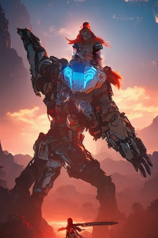 Image similar to combination suit armor aloy horizon forbidden west horizon zero dawn radiating a glowing aura global illumination ray tracing hdr fanart arstation by ian pesty and alena aenami artworks in 4 k tribal robot ninja mask helmet backpack