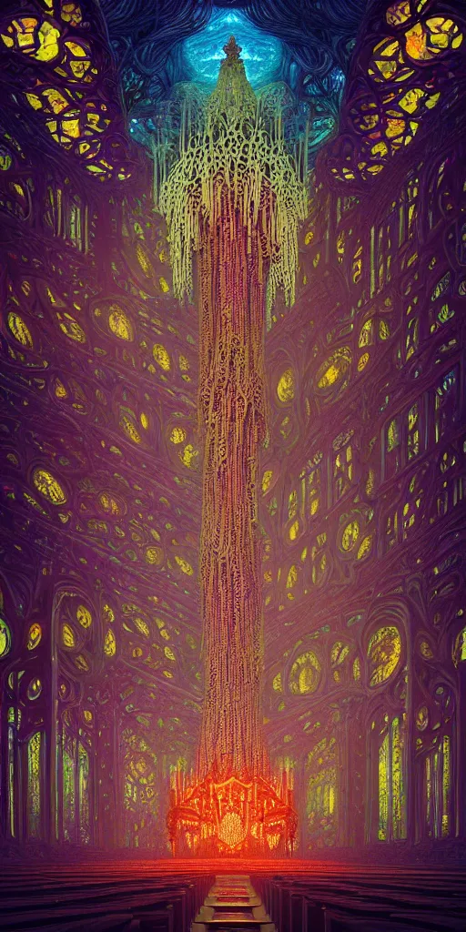 Image similar to Energetic gothic organ made of mushrooms portrait, Art Deco nature, fantasy, intricate art deco mushroom designs, elegant multidimensional cathedral of plants, glowing prismatic fractal chandeliers, highly detailed fractals, sharp focus, art by Artgerm and beeple and Greg Rutkowski and WLOP