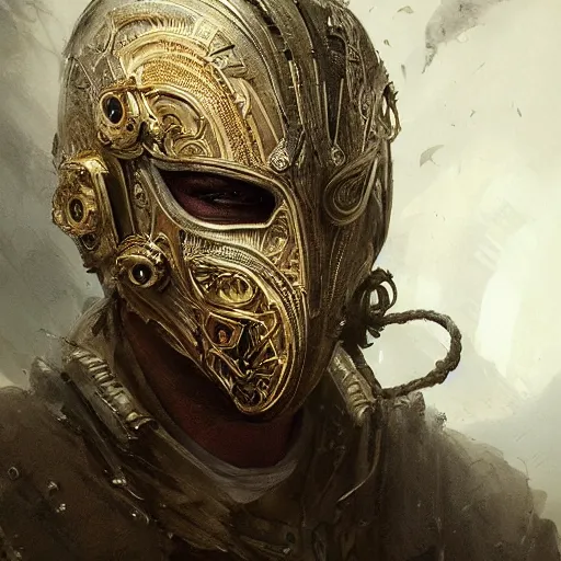 Image similar to Very very very very highly detailed epic photo of face with venetian mask, intricate, dystopian, sci-fi, extremely detailed, digital painting, artstation, concept art, smooth, sharp focus, illustration, intimidating lighting, incredible art by Anton Pieck and Greg Rutkowski and Jakub Rozalski and Artgerm