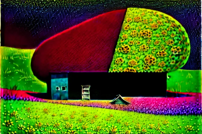 Image similar to surreal glimpse into other universe, house by kengo kuma, summer morning, very coherent and colorful high contrast, art by!!!! gediminas pranckevicius!!!!, geof darrow, floralpunk screen printing woodblock, dark shadows, hard lighting, stipple brush technique,