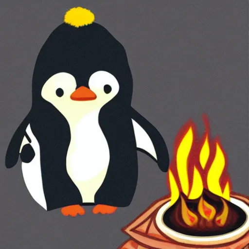 Prompt: A penguin wearing a beanie sitting next to a campfire with a cup of coffee by Sanrio