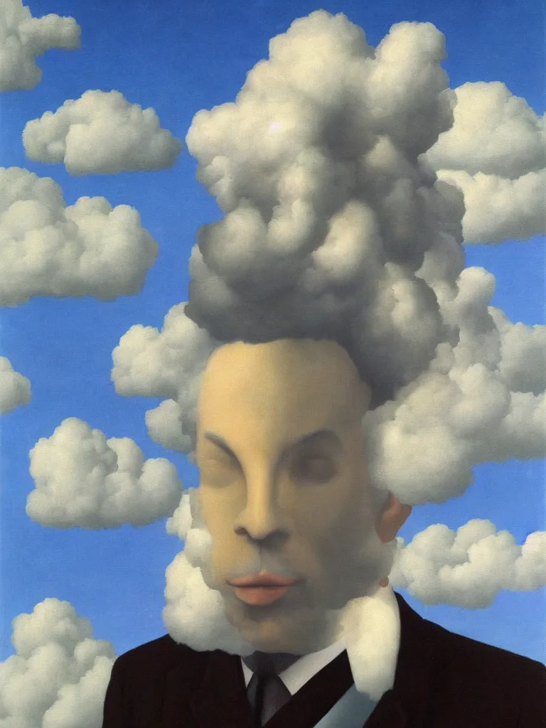 Prompt: portrait of a cloud man by rene magritte, detailed painting, hd, hq, high resolution, high detail, 4 k, 8 k