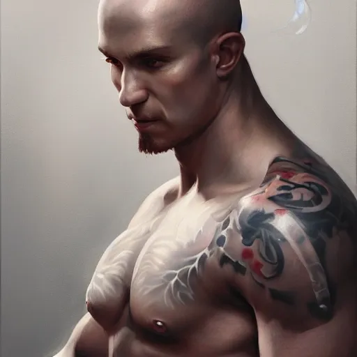 Prompt: A detailed matte oil on canvas painting of a white male martial artist monk, orchid arm tattoos by greg rutkowski and artgerm, trending on artstationhd, dungeons and dragons art