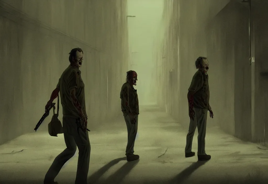 Prompt: cinematic movie still from an animated walking dead movie artwork by tim eitel, bill murray is a zombie in the scene, muted colours, cinematic lighting, abandoned buildings,