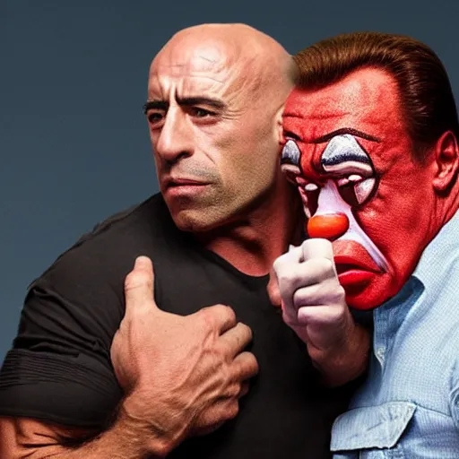 Prompt: UHD candid color photo of Joe Rogan holding Clown Arnold Schwarzenegger in a choke hold, accurate faces, UHD, photorealistic, correct faces, photo by Annie Leibowitz