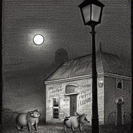 Image similar to a pig in a tuxedo, street lamp, illustration by Gustave Doré, high detail, eerie, street lamp, barn, creepy, dark, night, misty, moon, chiaroscuro, film noir