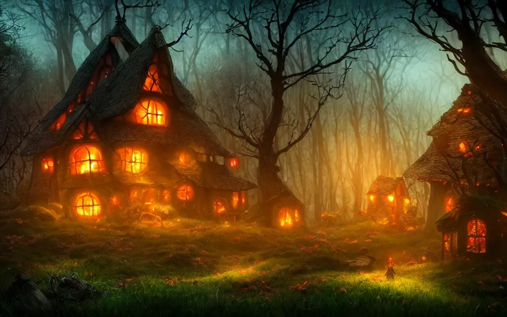 Prompt: gloomy fairytale forest with a singular witches cottage made of candy in the distance, visual novel key visual, award - winning digital art on pixiv, trending on artstation, cinematic lighting, dramatic lighting, epic cinematic, stunning and beautiful scenery - highly detailed, hyperrealistic, unreal engine 5, in the style of tim burton and guillermo del toro