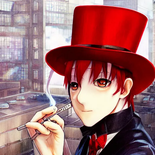 Prompt: red haired top hat wearing anime man smoking on rooftop, perfect face, wearing overalls, portrait made by Stanley Artgerm, WLOP, Rossdraws, James Jean Andrei Riabovitchev, Marc Simonetti, Yoshitaka Amano, Artstation