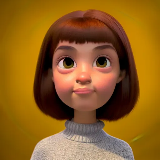 Prompt: A portrait of a round face woman, a cute 3d cgi toon woman with brown hair in a Bob, brown eyes, full face, olive skin, romanian heritage, medium shot, mid-shot, hyperdetailed, 8k, trending on artstation, as a Pixar character