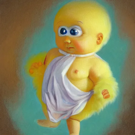 Image similar to Painting of a glowing kewpie doll that looks like Big Bird, painted in the style of Watteau with sad minion eyes