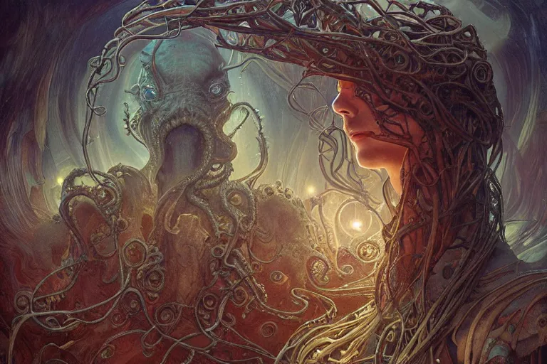 Prompt: a lovecraftian painting of cthulhu face of cosmic horror, cosmic horror elements, ultra realistic, concept art, intricate details, eerie, highly detailed, photorealistic, octane render, 8 k, unreal engine. art by artgerm and greg rutkowski and alphonse mucha