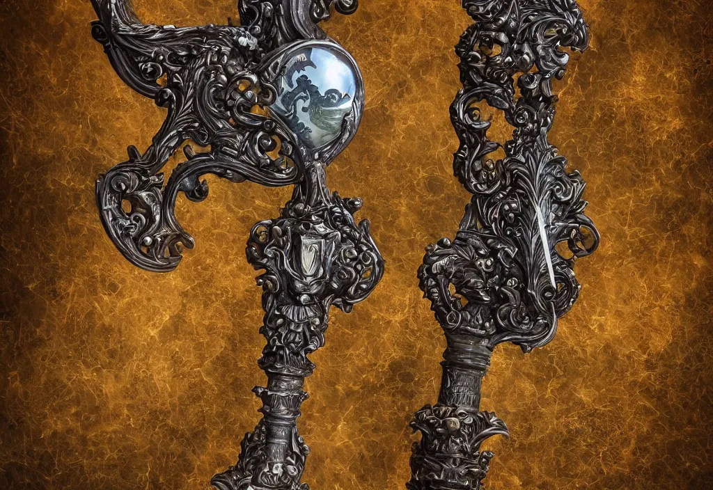 Prompt: ornate broadsword sticking out of ground main focal point, 4k ultra hd, fantasy dark art