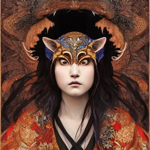 Prompt: a Photorealistic dramatic fantasy render of a beautiful woman wearing a beautiful intricately detailed Japanese Wolf Kitsune mask and clasical Japanese Kimono by WLOP,Artgerm,Greg Rutkowski,Alphonse Mucha, Beautiful dynamic dramatic dark moody lighting,shadows,cinematic atmosphere,Artstation,concept design art,Octane render,8K The seeds for each individual image are: [1281730600, 326807769, 575718499, 3631727515, 837330395, 2678842386]