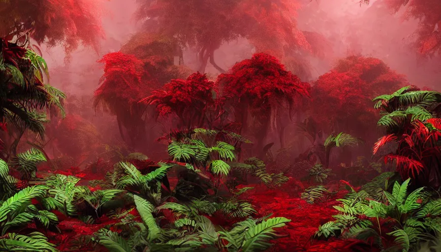 Image similar to red liquid jungle, large plants and leaves covered in red, lush but everything is dark red, beautiful crimson colored render, cinematic lighting, trending on artstation, elaborate, detailed, digital painting, elaborate matte painting