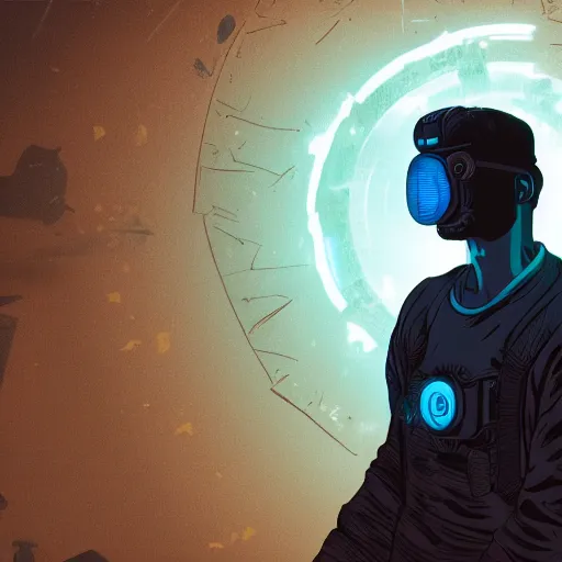 Image similar to in the style of max prentis and deathburger and laurie greasley a close up of a young explorer wearing a cyberpunk headpiece who is standing in front of a large circular ancient glowing portal, highly detailed, 8k wallpaper