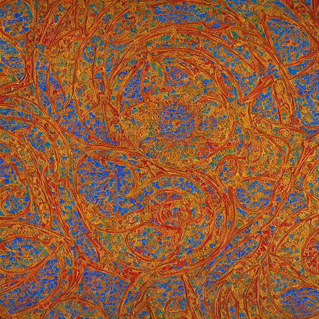 Image similar to brightly coloured patterns on its ceilings, osman hamdi bey style,