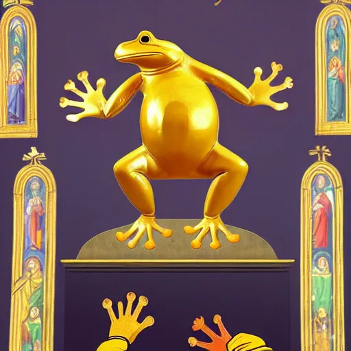 Image similar to people worship a huge statue of a golden frog, icon style, religion, bible, frescoes