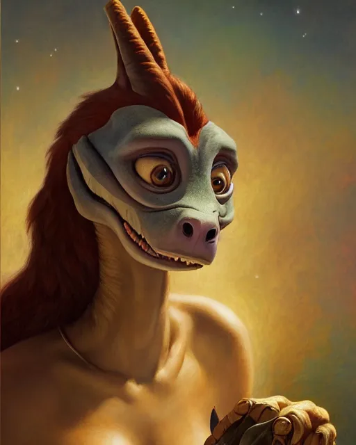 Prompt: painting of anthromorphic female dinosaur wearing starfleet uniforms, zootopia, fursona, furaffinity, 4 k, deviantart, furry art, very expressive detailed feminine face, gaston bussiere, craig mullins, jc leyendecker, gustav klimt, artgerm, greg rutkowski, alphonse mucha