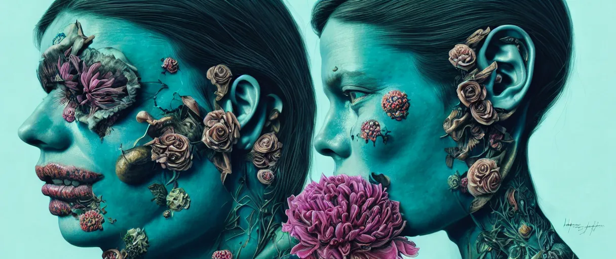 Image similar to hyperrealistic hyper detailed neo-surreal close-up 35mm side portrait of cyborg covered in rococo flower tattoos matte painting concept art hannah yata very dramatic dark teal lighting low angle hd 8k sharp shallow depth of field