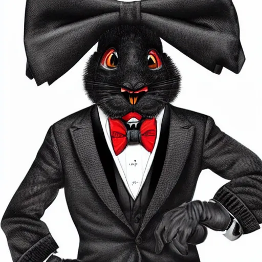 Image similar to A extremely highly detailed majestic hi-res beautiful, highly detailed head and shoulders portrait of a scary terrifying, horrifying, creepy black cartoon rabbit with a bowtie and scary big eyes, earing a shirt laughing, hey buddy, let's be friends, in the style of Walt Disney