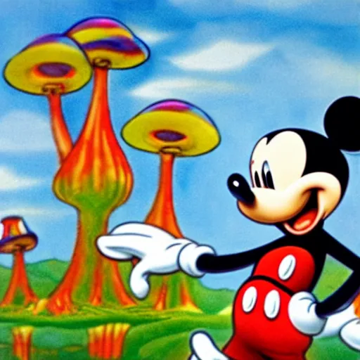 Image similar to mickey mouse having a psychedelic dmt mushroom lsd trip